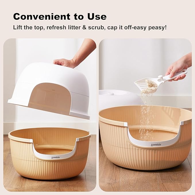 Hidden Cat Litter Box with Faux Plant, Odor Control Litter Box Enclosure Furniture with Artificial Planter and Scoop, Easy to Assemble and Clean, White & Khaki