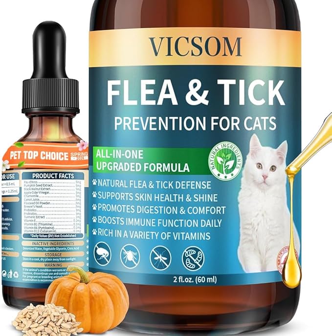 Natural Flea and Tick Prevention for Cats, Herbal Cat Flea and Tick Treatment Support Drops Flea Support with Prebiotics Probiotics for Cats Kitten - Ideal for Sensitive Cat - Salmon Flavor