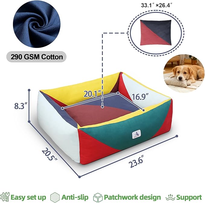 Washable Rectangle Dog Bed with Removable Cover, Color-Block Gingham Cotton Puppy Sofa, Breathable Scratch Resistant Pet Bed, Small