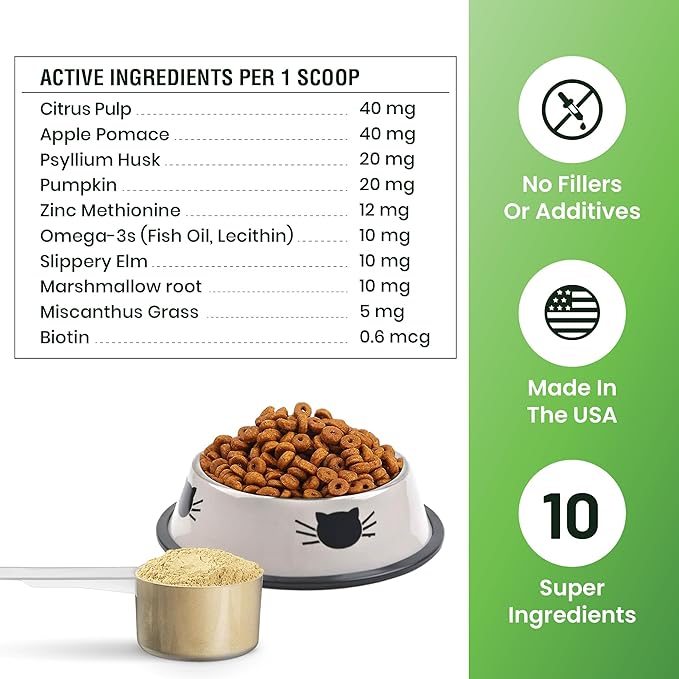 Hairball Support for Cats - 10 Super Ingredients for Furball Treatment Relief, Hairball Remedy, Digestive Support & Healthy Skin - No Fillers - Psyllium, Pumpkin, Omega-3s & More - 240 Scoops