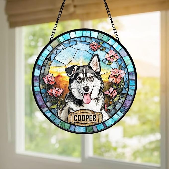 LOVELYPOD Personalized Dog Portrait Stained Glass Suncatcher, Custom Pet Memorial Stained Glass Photo Suncatcher, Dog Loss Keepsake, Pet Loss Gift, Christmas Ornament for Family