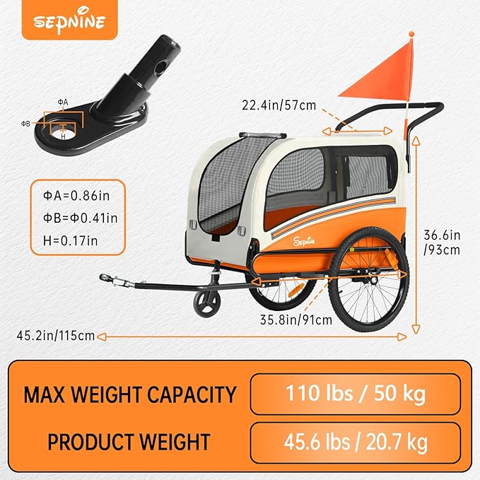 Sepnine Dog Bike Trailer, Supports up to 110 lbs, 2-in-1 Pet Stroller Cart Bicycle Carrier, Easy Folding Cart Frame with Quick Release Wheels, Universal Bicycle Coupler, Non-Slip Floor, Internal Leash