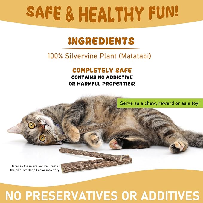 Silvervine Sticks for Cats, Natural Catnip Matatabi Chew Sticks Teeth Molar Chew Toys for Cat Kitten Kitty (25 PCS)