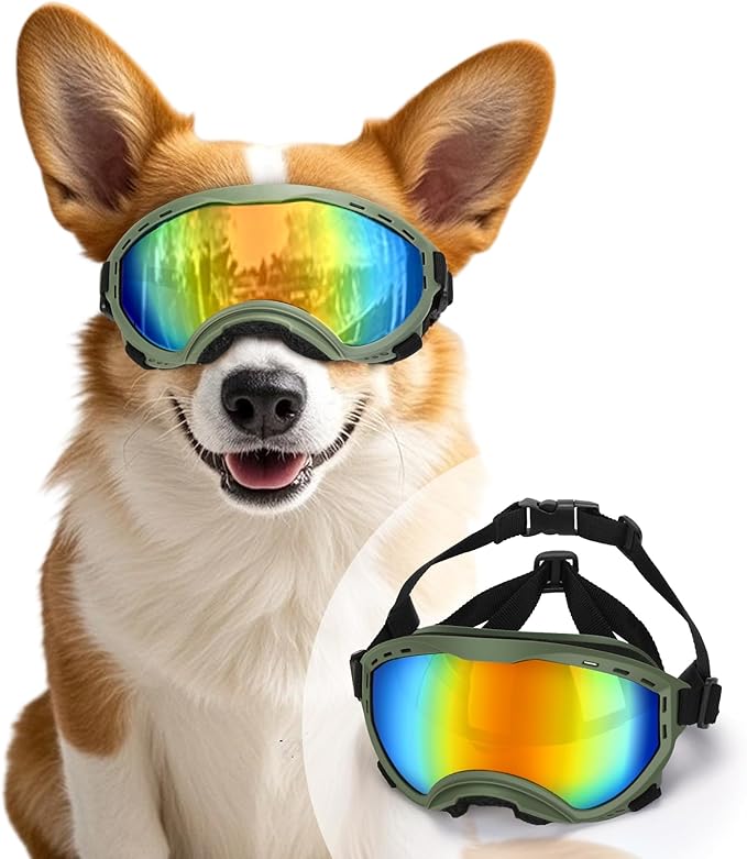 Dog Goggles for Large Dogs, Dog Sunglasses for Eyes Protection, UV Protection for Medium/Large Pet Outdoor, Windproof Anti-Fog Snowproof, Green Box