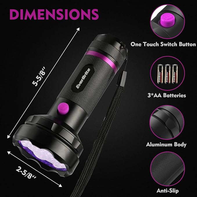 EverBrite UV Flashlight, 68 LED Blacklight Flashlights, 395nm Black Light Flashlight for Pet Urine Detection, Scorpions, Dry Stains, Bed Bug (Batteries Included)
