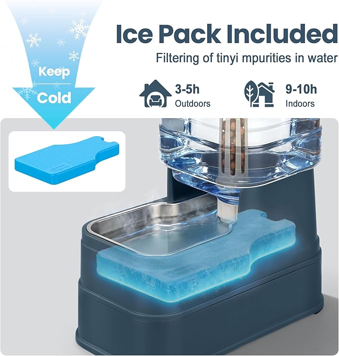 Automatic Dog Water Dispenser Gravity Stainless Steel Water Feeder Cat Waterer Feeder with Wide Mouth Bowl for Small Medium Dog Puppy Kitten (Filter &Ice Pack Included) 1.6Gallon Navy
