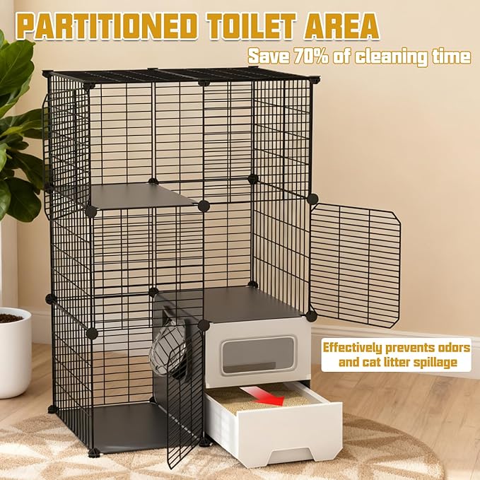 Cat Cage Indoor with Litter Box 3-Tier DIY Cat Crate Detachable Metal Wire Kennel Crate Large Exercise Place Ideal for Kitten