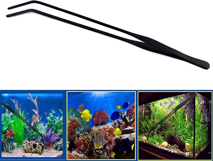 15 inch Black Curved Aquarium Tweezers Stainless Steel Curved Tweezer with Carbonation Protection Coating Against Rust Long Reptiles Feeding Tongs for Aquatic Plants Lizards Spider Snakes