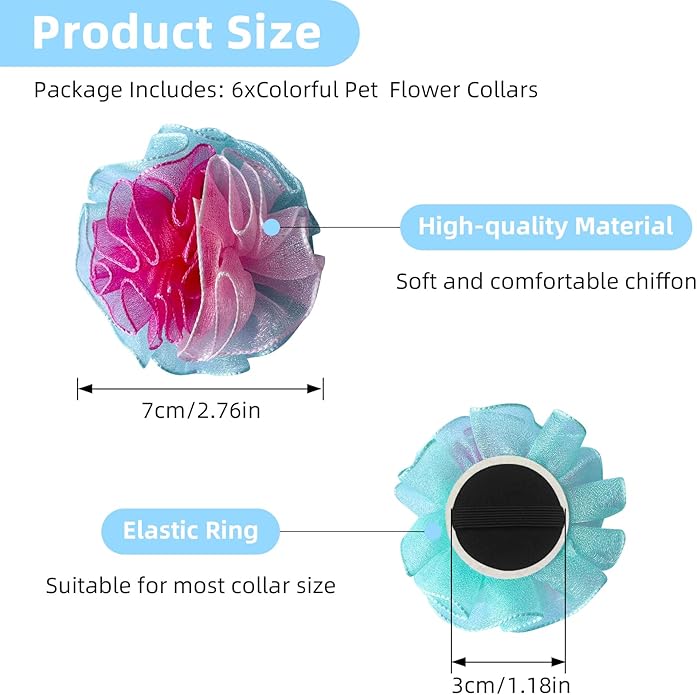 Dog Collar Flowers Accessories, 6 Pack Flower Charms for Dog & Cat Collars, Elastic Slide-On Decorative Flowers for Pet Collars