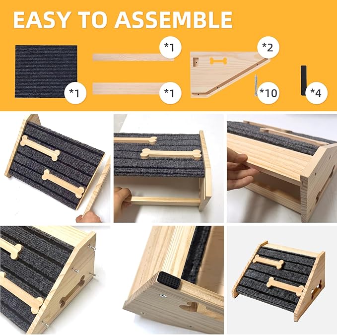 2-Pack Wooden Dog Ramp for Stairs - Natural Pine Wood Pet Step Ramp with Anti-Slip Bone Strips & Felt Padding, Stair Wedge for Small Medium Dogs, Indoor Home Safety Access for Injured Dogs