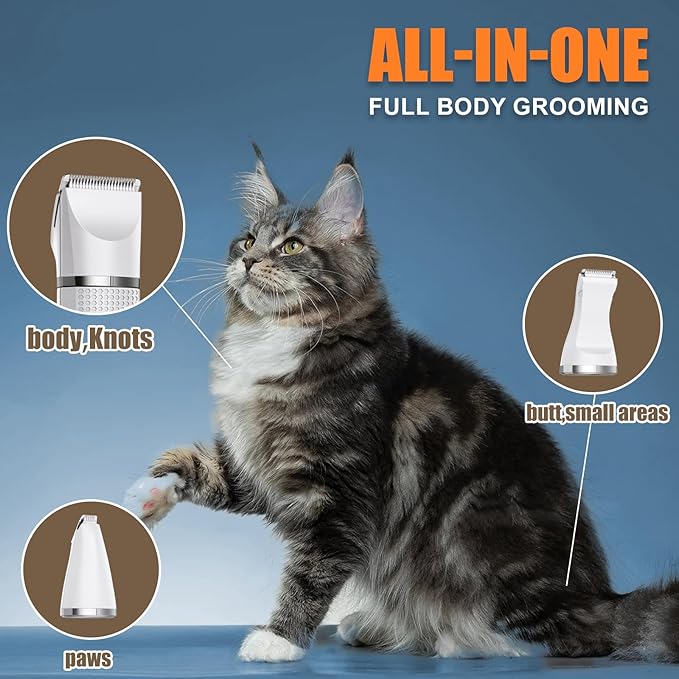 Cat Grooming Clippers Kit with Paw Trimmer, 3 in 1 Electric Pet Hair Trimmer Supplies for Thick Matted Hair, Heavy Coat Butt Shaver Cat Razor Fur Trimmer for Dogs at Home (White)