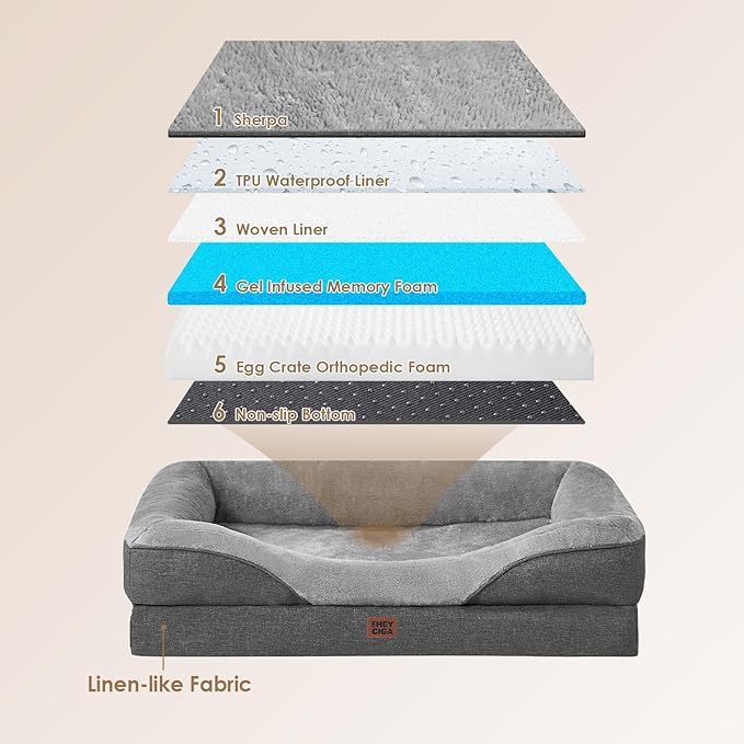 EHEYCIGA Orthopedic Dog Bed for Large Sized Dog, 41x27x7.5 Inch Large Memory Foam Dog Couch Bed with Sides, Waterproof Liner & Washable Removable Cover, Bolster Pet Sofa, Grey