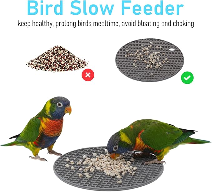 2 Pcs Bird Slow Feeder Mats, Interactive Foraging Mat, Extend Eating Time, Birds Toy for Parakeet, Cockatiel, African Grey, Conure (Blue & Grey)