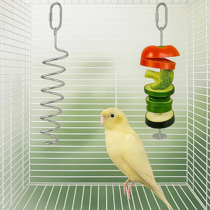 7 Pcs No Mess Small Bird Feeders Set Automatic Clear Parakeet Feeder and Watered Dispenser Cage Accessories Stainless Steel Fruit Vegetable Skewer Foraging for Lovebirds Budgies Finch