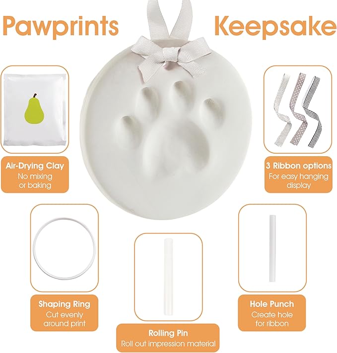 Pearhead Pet Paw Print Keepsake Ornament Kit,Memorial Clay Paw Impression for Dogs & Cats,DIY Hanging Pet Memorial with Ribbons,Pet-Keepsake Gift,(Pack of 12)
