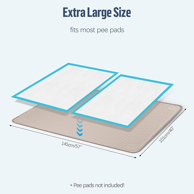 Pee Pad Holder for Dogs, 57" x 40" Silicone Pee Tray Mat Leak-Proof, High Edge, No Spill Pet Pad Holder for Puppy, Cat, Rabbit, Training Pads for Floor Protection, No Pee Pads (Khaki)