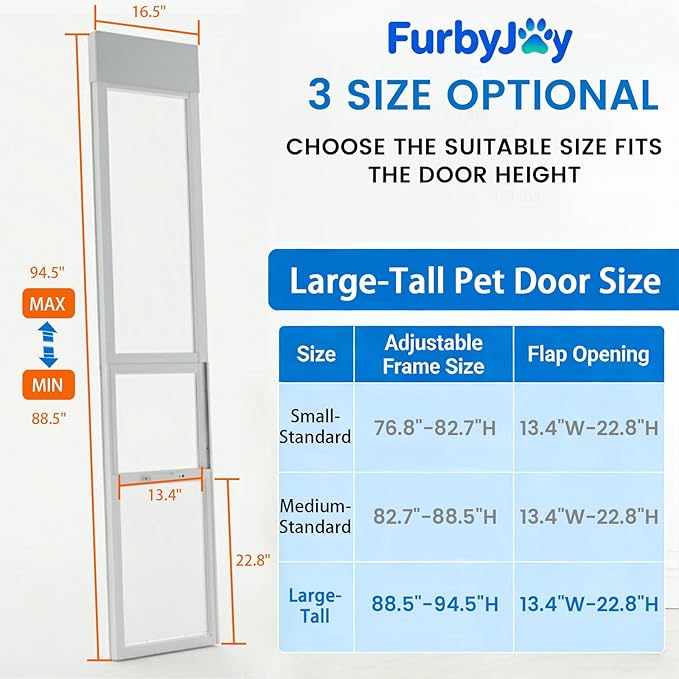 Anti-Shatter Dog Door for Sliding Glass Door,White Sliding Glass Dog Door,No-Cut DIY Installation,Aluminum Frame & Secure Lock for Large Dogs (Large- for 88.6-94.5inch)