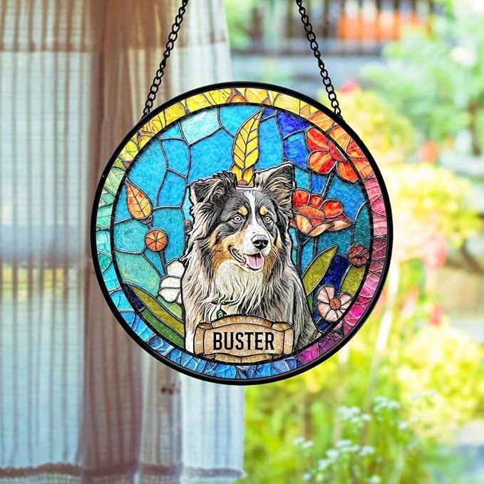 LOVELYPOD Personalized Dog Portrait Stained Glass Suncatcher, Custom Pet Memorial Stained Glass Photo Suncatcher, Dog Loss Keepsake, Pet Loss Gift, Christmas Ornament for Family