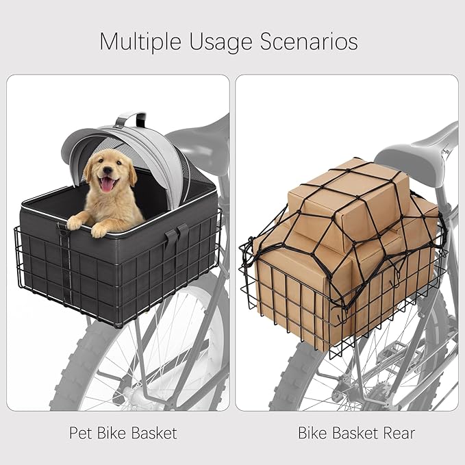 Dog Bike Basket for Rear Rack - 2-in-1 Pet Carrier & Cargo Basket & Rear Bike Rack with Basket