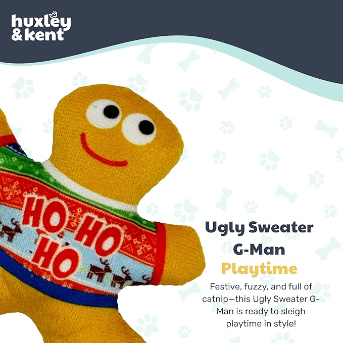 Huxley & Kent Plush Cat Toy - Holiday Interactive Catnip Toy for Cats & Kittens - Soft with Crinkle & Catnip - Fun Indoor Play - Ugly Sweater G-Man