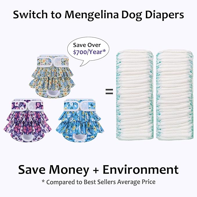 Reusable Dog Diapers Female 3 Pack Doggie Diapers for Period Heat Incontinence Puppy Training (Medium, PurpleFlower)