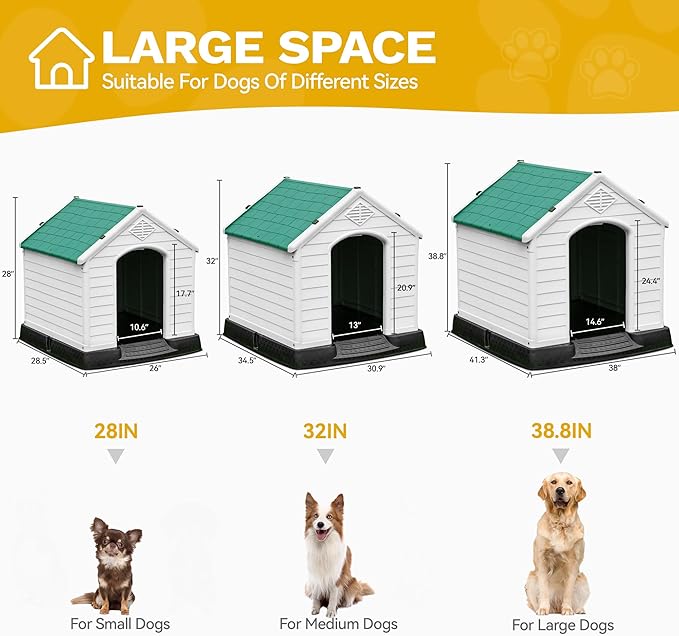 DWVO Plastic Dog House, Weatherproof Outdoor/Indoor Doghouse, Puppy Kennel with Air Vents and Elevated Floor