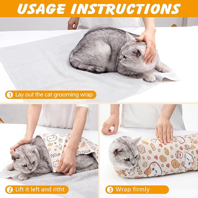 27.6 In Cat Grooming Wrap Self-Adhesive, Cat Wrap for Cutting Nails, Orange Anti-Escape Cat Restraint for Nail Clipping Cat Swaddle Wrap Cat Wrapping Cloth for Pet Cleaning and Beauty (Within 15lbs)