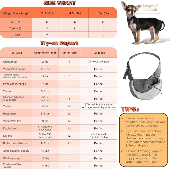 YUDODO Pet Sling Carrier for 2-5 lbs Small Dogs & Cats – Hands-Free Puppy Carrier with Safety Hook, Large Zipper Pocket, Soft Breathable Mesh, Adjustable Strap & Reflective Strip (Gray 1.0 S)