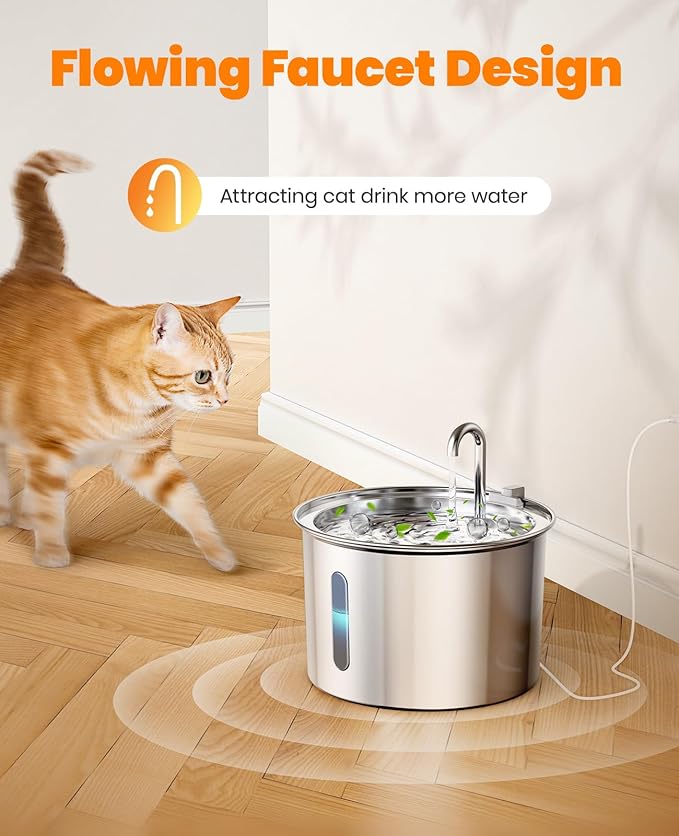 oneisall Stainless Steel Cat Water Fountain, 2L Water Fountains for Cats Indoor with Quiet Pump and 3 Replacement Filters, Pet Water Fountain Faucet Spout Design Cat Fountain Drinking Inside, PWF 001