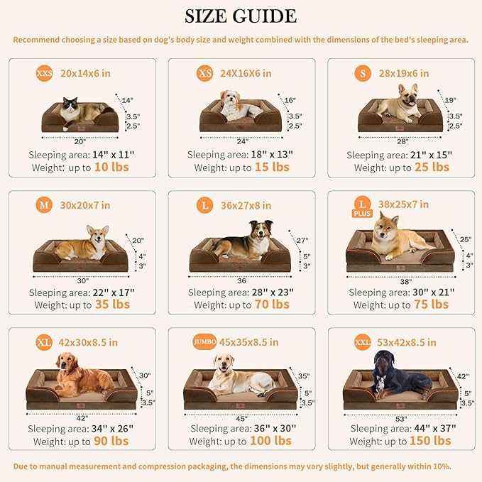 Comfort Expression Orthopedic Dog Bed for Large Dogs 36x27 Inch, Waterproof Supportive Egg Crate Foam Large Pet Bed with Removable Bolsters, Dog Couch with Washable Cover & Non-Slip Bottom, Brown