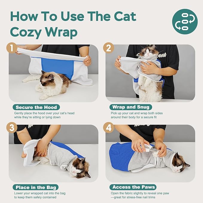 Self-Adhesive Cat Grooming Wrap, Cozy Cat Wrap for Cutting Nails, Breathable Anti-Scratch Cats Swaddle Bag for Brushing, Ear Cleaning, Dental Care, Medication, Injections,Blue S