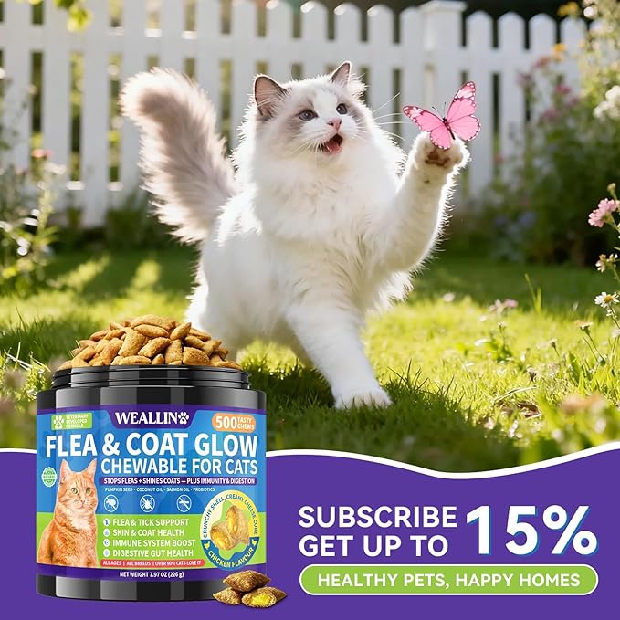 Flea and Tick Prevention for Cats - 500 Crunchy & Creamy Chews, Cat Flea Treatment with Skin & Coat Support, Oral Natural Flea Chewables for Gut & Immunity Support for All Breeds & Ages Chicken Flavor