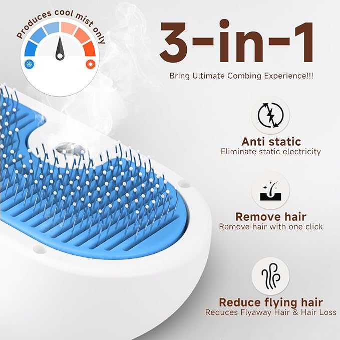 Pet Steam Brush for Dog & Cat - 3-in-1 Steam Grooming Brush for Shedding & Hair Removal - Self Cleaning Spray Comb with Mist for Long Haired Pets, Blue(waterless shampoo not include)