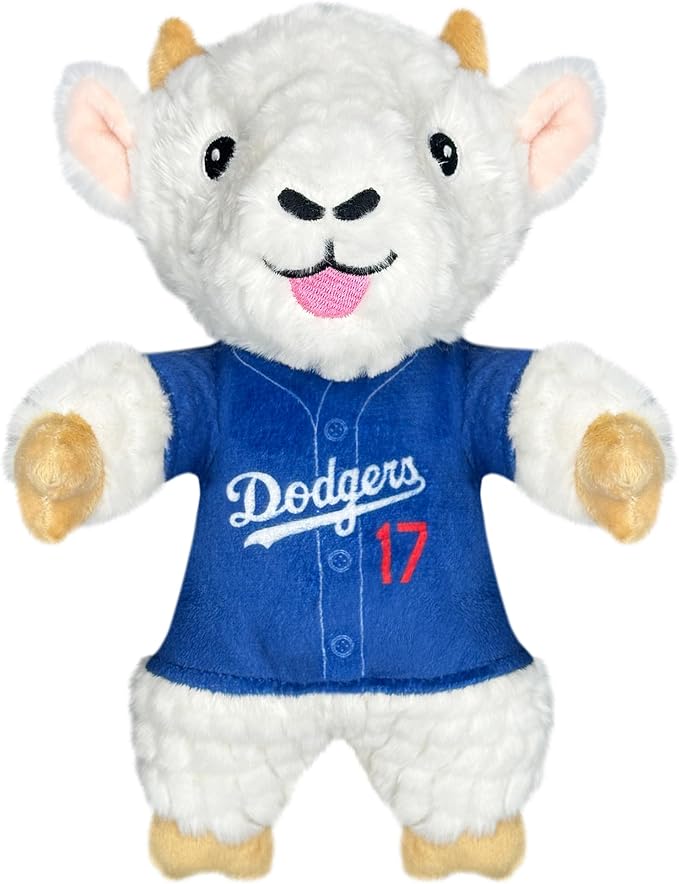 MLBPA Shohei Ohtani Goat Plush Toy for Dogs and Cats with Squeaker, Wearing a Team Player Jersey! MLB LA Dodgers Fun & Sporty Goat Shaped Dog Chew Toy, Interactive Pet Toy