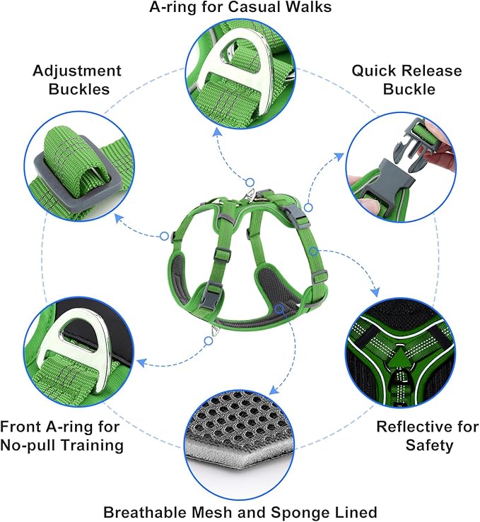 Plutus Pet No Pull Dog Harness, Release at Neck, Soft Padded, Reflective Adjustable Dog Vest Harness for Small, Medium, Large Dogs(Green, XS)