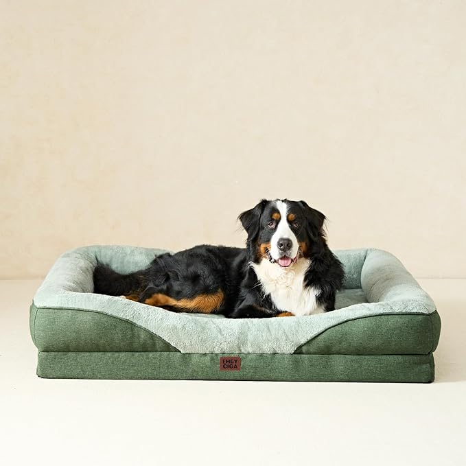 EHEYCIGA Orthopedic XXL Dog Bed for Large Sized Dog, 52x41x8 Inch Extra Large Memory Foam Dog Couch Bed with Sides, Waterproof Liner & Washable Removable Cover, Bolster Pet Sofa, Green