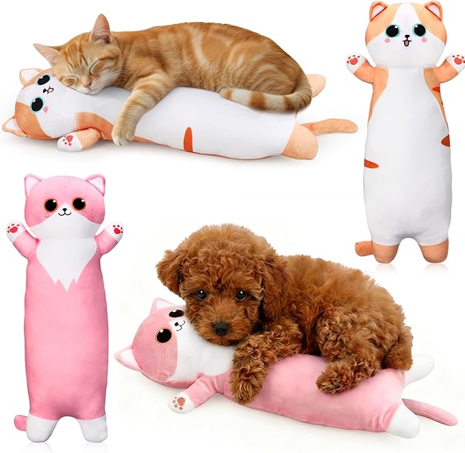 2 Pcs Large Kitty Shaped Pillows for Dogs and Cats Pet Plush Gifts Long Body Stuffed Animal Sleeping Pillows for Medium Large Sized(Minimalist,Orange,Pink)