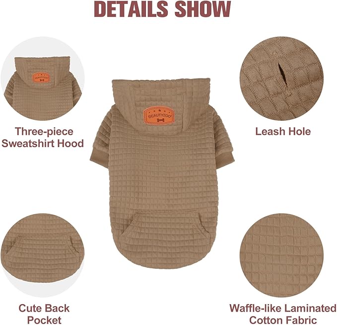 BEAUTYZOO Small Dog Hoodie Sweater with Pockets, Dog Clothes for Small Medium Dogs Boy Girl, Waffle-Like Laminated Cotton Pet Coats with Hat and Leash Hole, Khaki SM