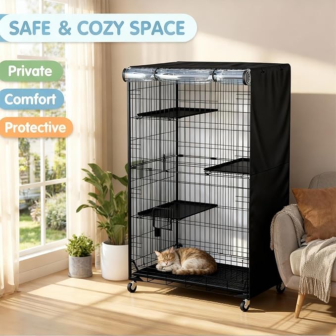 Cat Enclosure Cover for Large 3-Tier Cage - 36" L x 23" W x 50" H, 600D Waterproof Oxford Fabric with PVC Windows & Adjustable Panels(Cover Only, Black)
