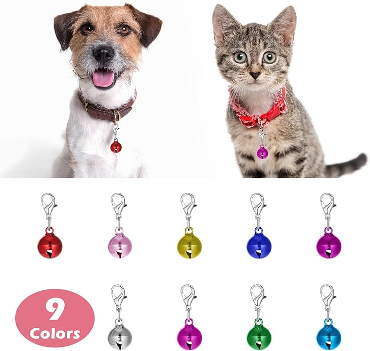 9 Pack Cat Dog Collar Bells, Colourful Pet Small Bell with Clasps Dog Collars Charms Cats Dogs Round Bell Pet Assorted Colors Collar Bells for Festival Party DIY Crafts Decoration