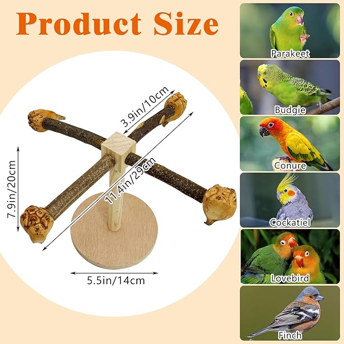 Rotating Bird Perch Stand Toy Natural Wooden Parakeet Toys with Edible Chew Toy Interactive Spinning Toy Bird Cage Accessories for Parakeets Budgies Conures Cockatiels Lovebirds Finches