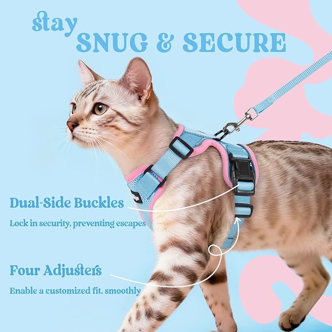 rabbitgoo Cat Harness and Leash for Walking, Escape Proof Soft Adjustable Vest Harnesses for Cats, Easy Control Breathable Reflective Strips Jacket, Light Blue&Pink, XXS