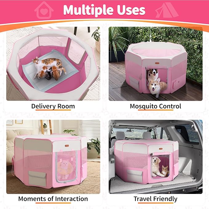 Dog Playpen, Portable Pet Play Pen Foldable Carrying Case, Puppy Pens Outsid for Small Cat Indoor/Outdoor, Removable Mesh Shade Cover