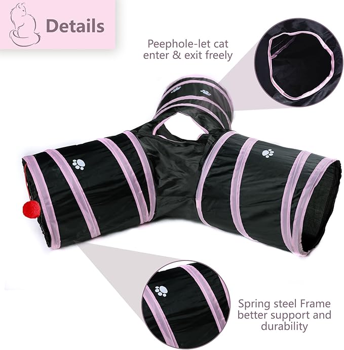 3 Way Cat Tunnel Collapsible Fun Pet Play Tube Toys for Cats, Kittens, Puppies & Rabbits - Portable Tunnel with Hanging Ball for Indoor Play, Hideout & Exercise