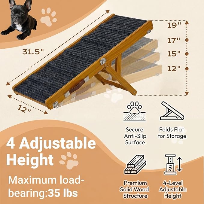 Dog Ramp for Couch & Bed for Small Dogs, Foldable Small Dog Ramps for Sofa - 31.5" LX12 W, 4 Adjustable Height, Portable, Stable, Non-Slip, Carry Handle, Walnut