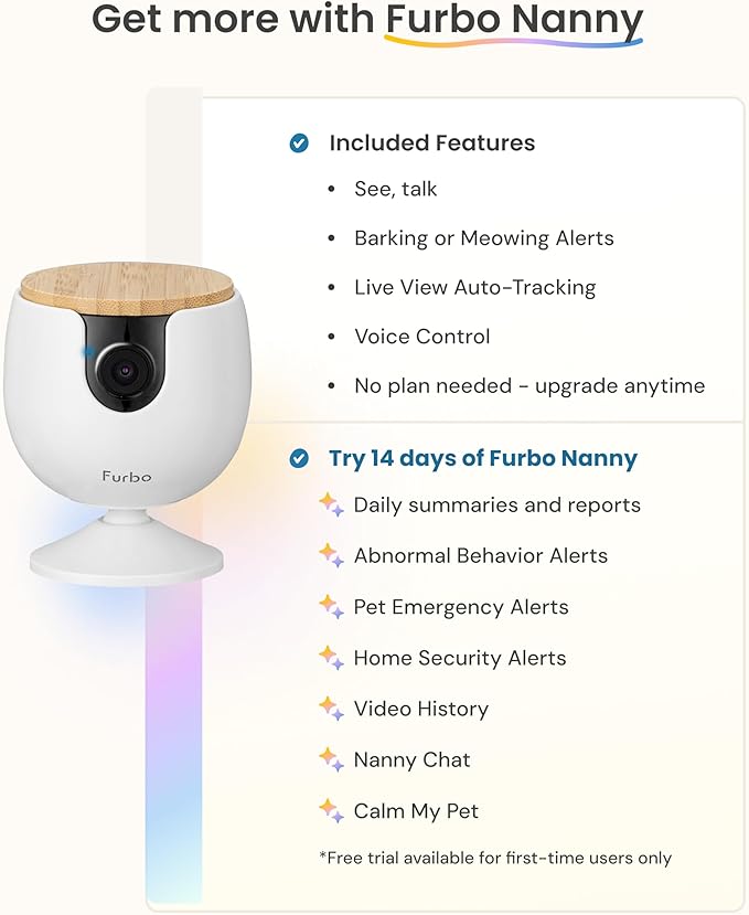 Furbo Mini Pet Camera + Power Adapter: Smart Cam w/Barking or Meowing Alerts, Cat or Dog Tracking w/Phone App, 2-Way Speaker. No Subscription Needed. Standard See, Talk & Toss Features