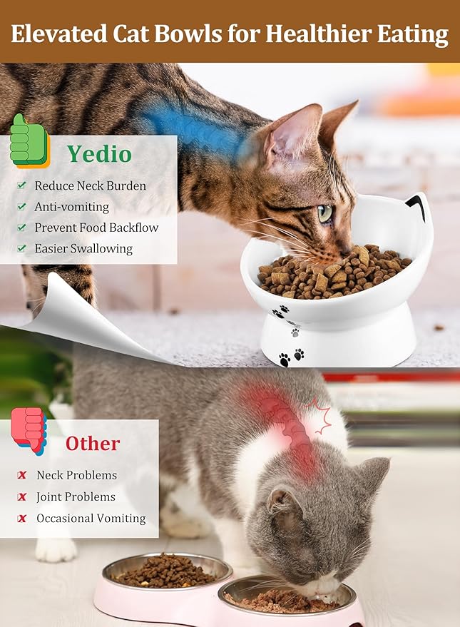 Yedio Porcelain Raised Cat Bowl, Tilted Cat Food Bowl with Anti Slip Band, Stress Free, Elevated Porcelain Pet Bowl Protect Pet's Spine, Backflow Prevention, Dishwasher Safe, White