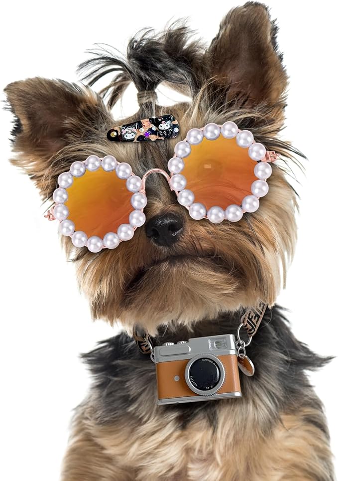 KUDES Cute Dog Sunglasses Pearl Dog Sunglasses Small Medium Breed Girl Holiday Party Pet Costume Accessories