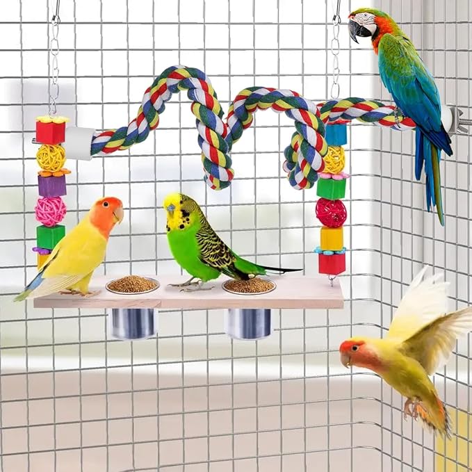 Colorful Bird Rope Perch Stand, Birdcage Swing Spiral Toys, Bird Climbing Standing Bungee Rope Perches Chew Toys Cage Accessories for Cockatiels Parrots Birds (24 inch /60 cm)