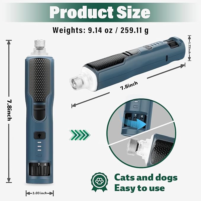 7-Speed Dog & Cat Nail Grinder with Light - Ring LED Safe to Avoid Overcut, Quiet Low Vibration & Powerful Fast, Cordless Rechargeable Toenail Trimmer for Small & Large Puppy Paws